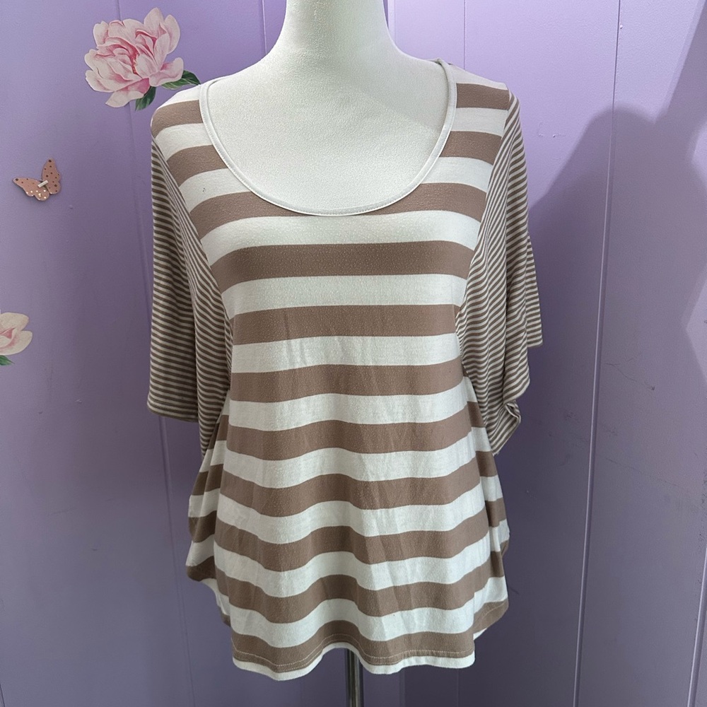 Nine 1 Eight Tan and Ivory Striped Tunic Style Shirt with Bat Wing Sleeves